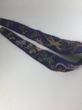 Vintage Beaded Belt Lizards Geckos Dragonflies Blue 37" L Waist Hook READ